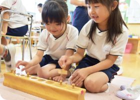 円柱さしの教具に二人で取り組む園児