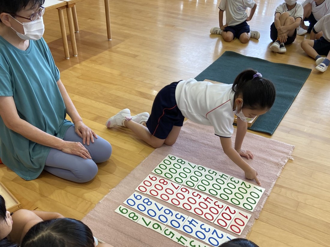 数の教具を並べて数の概念を学ぶ園児たち